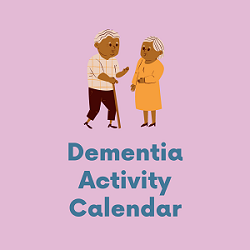 Dementia Activity Calendar with cartoon of elderly couple