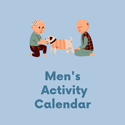 Men's Activity Calendar with elderly men with dog cartoon